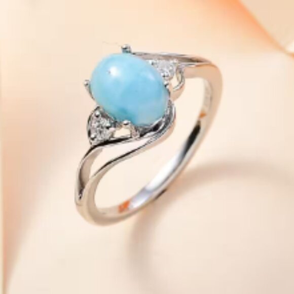 Larimar and Moissanite Ring in Rhodium Over Sterling Silver 1.65 ctw - Picture 3 of 4
